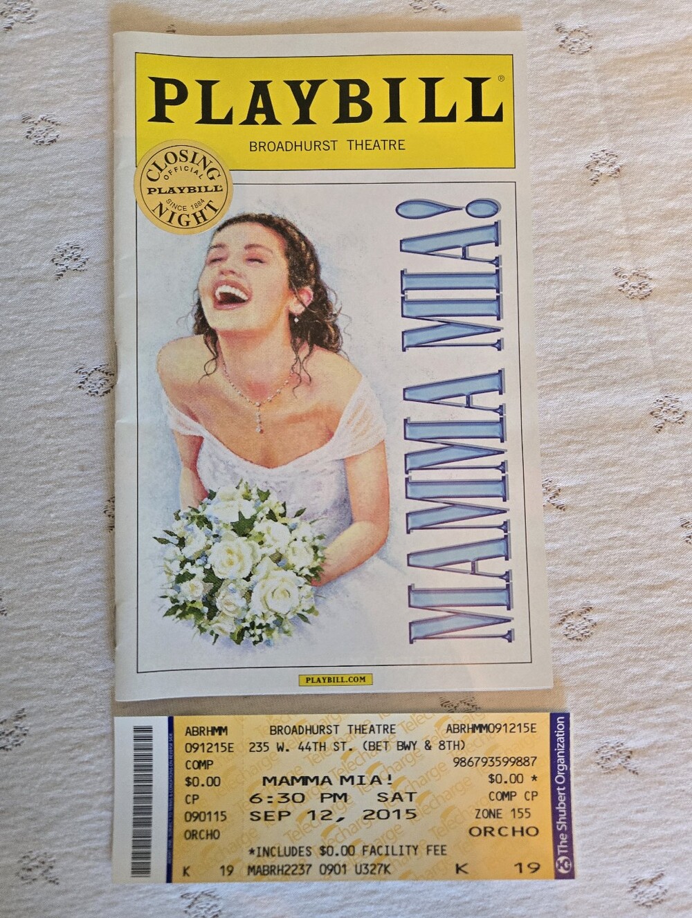 Playbill Mamma Mia! Broadway Closing Night 9/12/2015 w Ticket